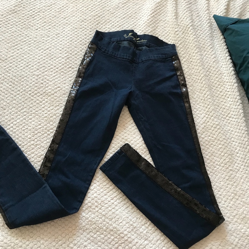 NEW JUICY COUTURE JEAN SEQUIN BLING LEGGINGS STYLE SZ SM DARK WASH